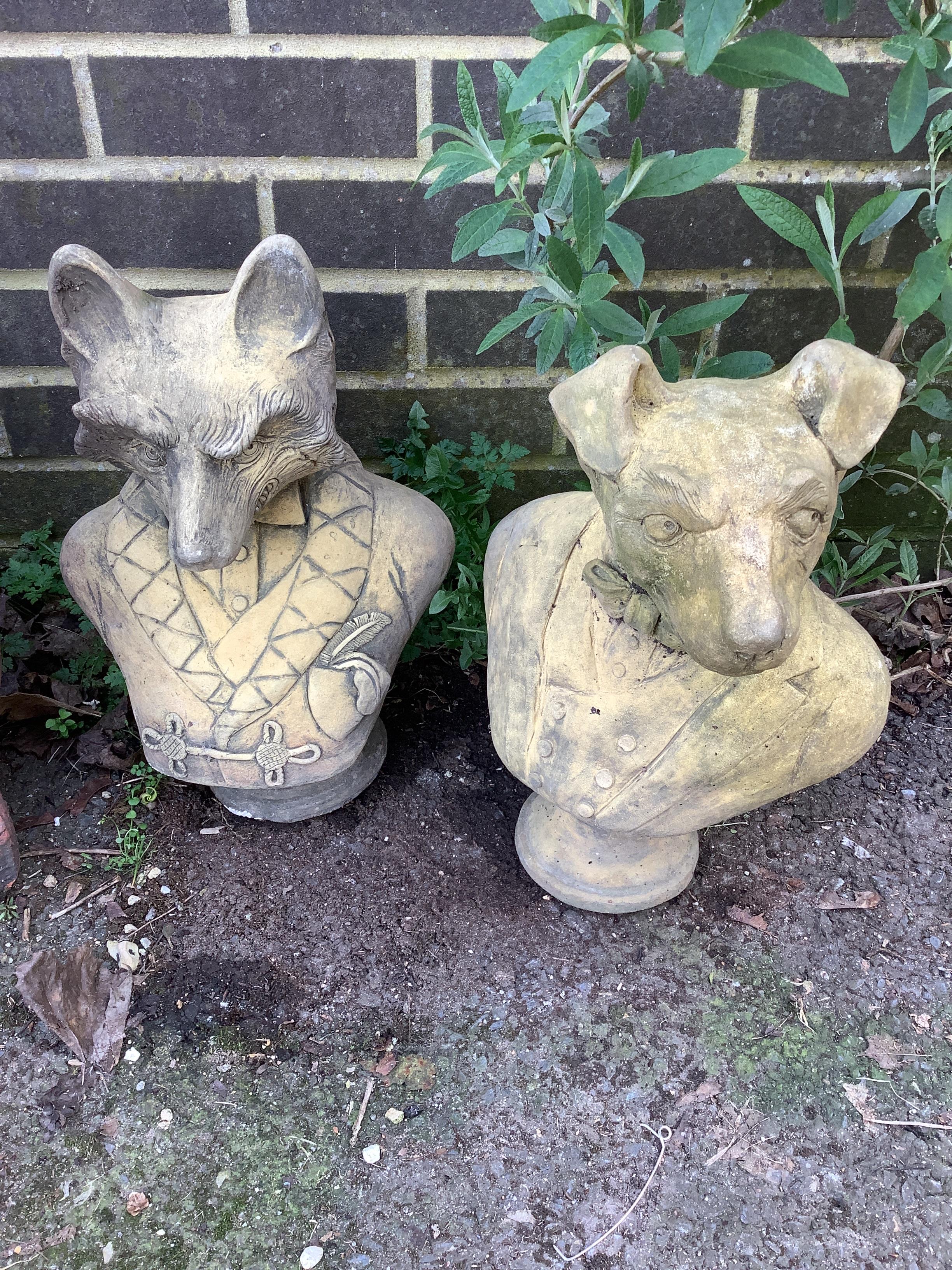 Two cast stone garden busts of a fox and a terrier, larger height 40cm